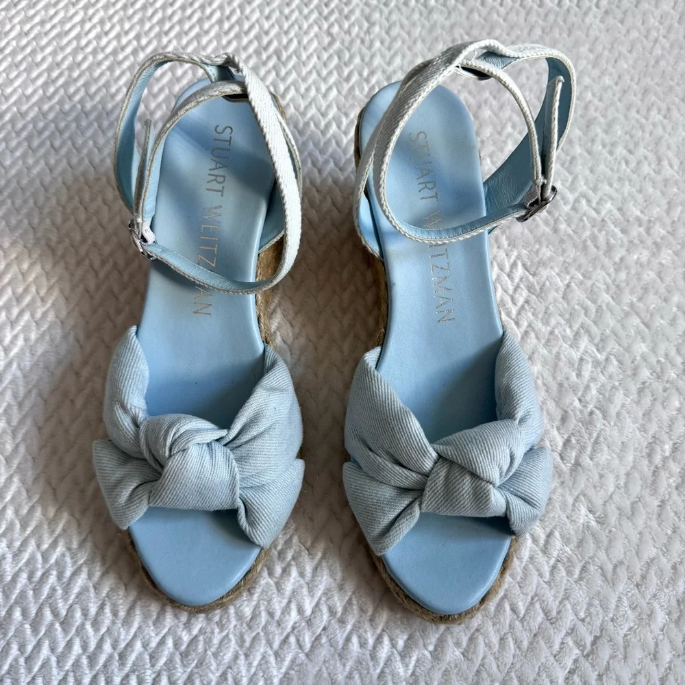Stuart Weitzman Playa Espadrille Knot Wedge Sandals 9 B Blue Denim Ankle Strap
